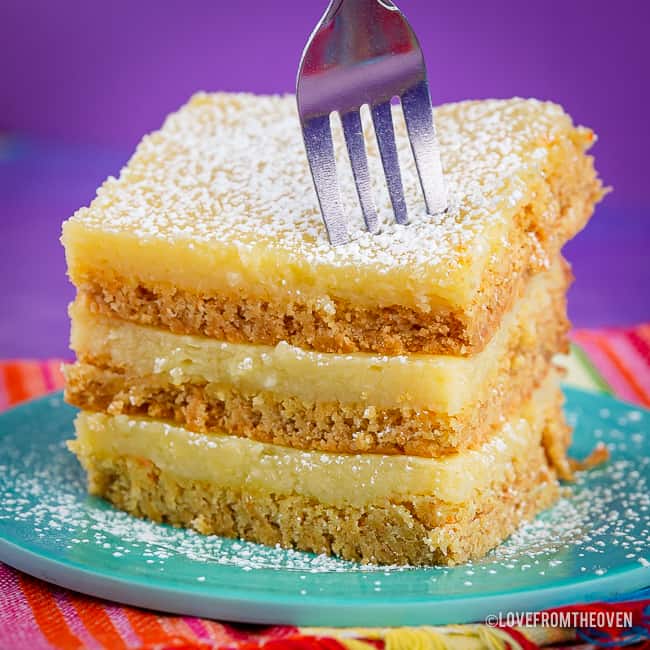 Three pieces of gooey butter cake on a plate