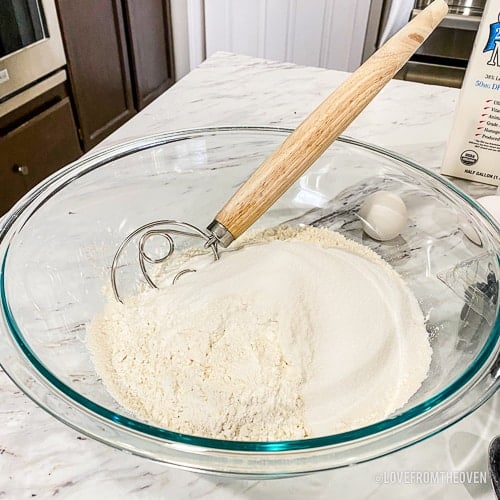 Dry ingredients in a bowl to make blueberry pancakes