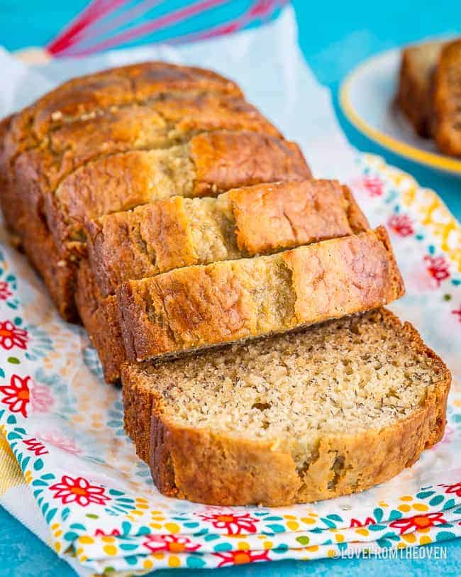 A loaf of banana bread that is sliced