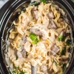 A slow cooker full of beef stroganoff