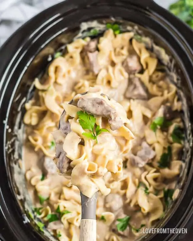 A slow cooker full of beef stroganoff 