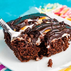 A slice of chocolate Mississippi Mud Cake with a fork taking a bite out of it