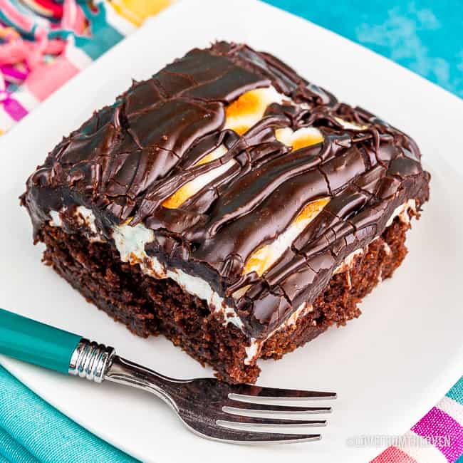 A slice of chocolate cake with marshmallow and chocolate topping