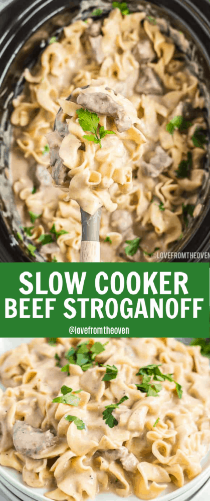 beef stroganoff on a spoon over a slow cooker and on a plate