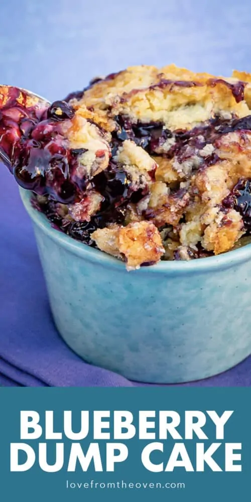 A bowl of blueberry dump cake on a purple background