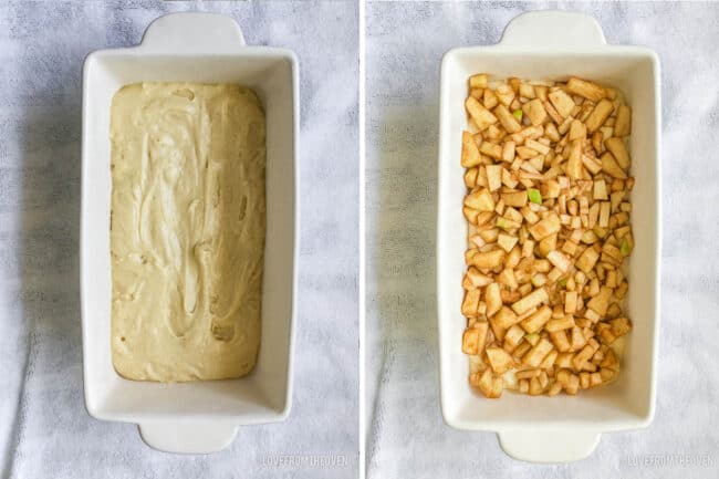 two bread pans with ingredients to make apple bread in them