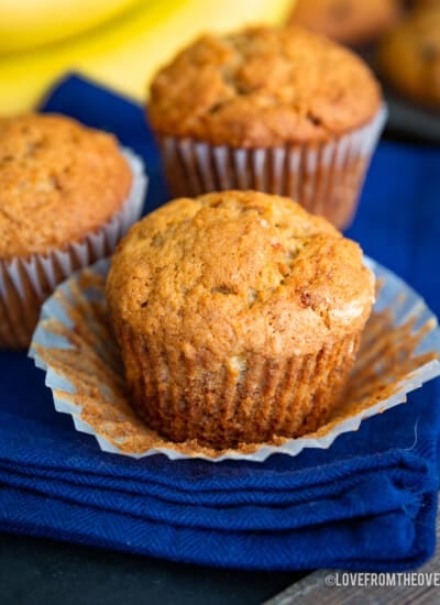 Banana Bread muffins on a blue napkin.