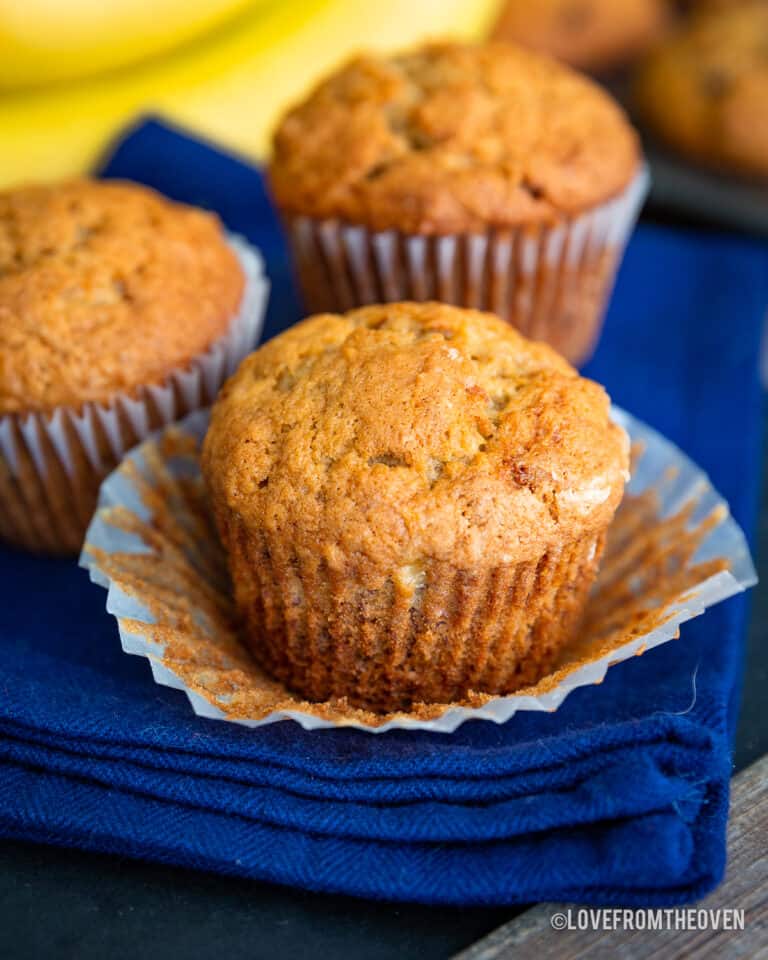 Banana Bread muffins on a blue napkin.