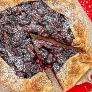 chocolate cherry galette being cut