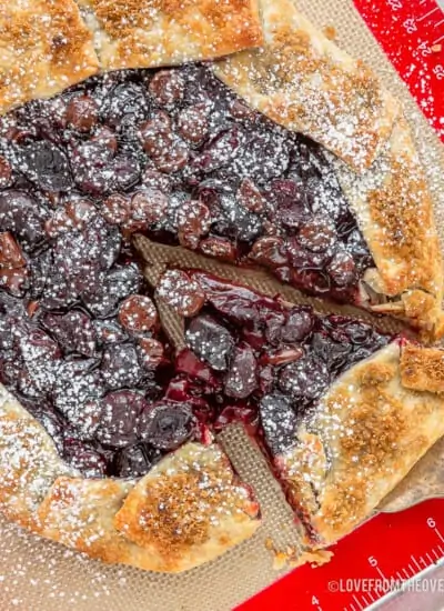 chocolate cherry galette being cut