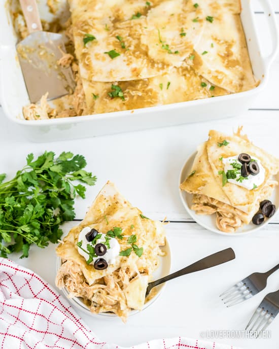 Chicken enchilada casserole in serving dishes