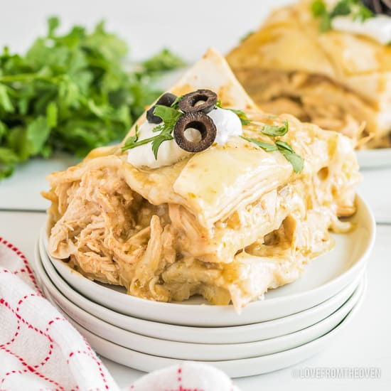 Plate full of green chile enchilada casserole