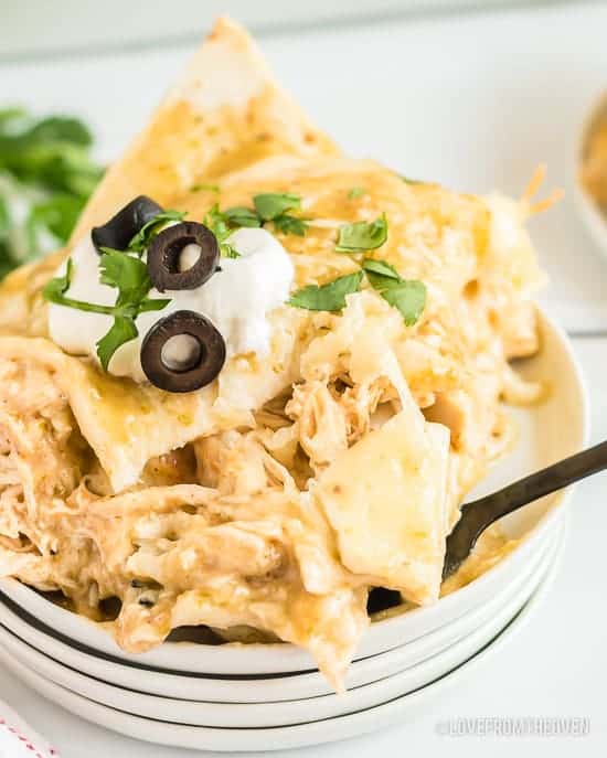 bowl full of chicken enchilada casserole