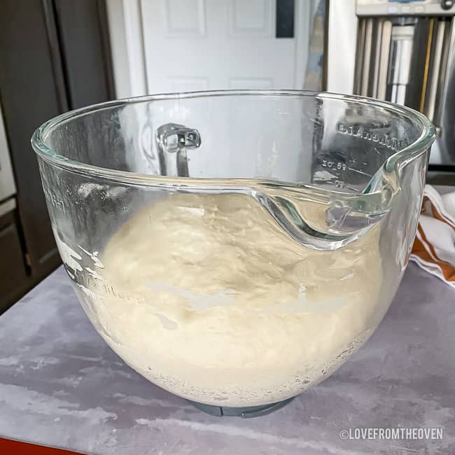 risen bread dough in bowl