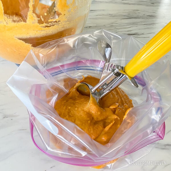 Batter for pumpkin donuts in a bag