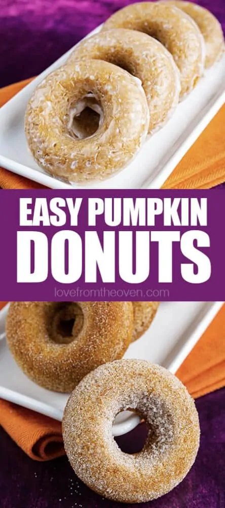 photos of pumpkin donuts on orange and purple background