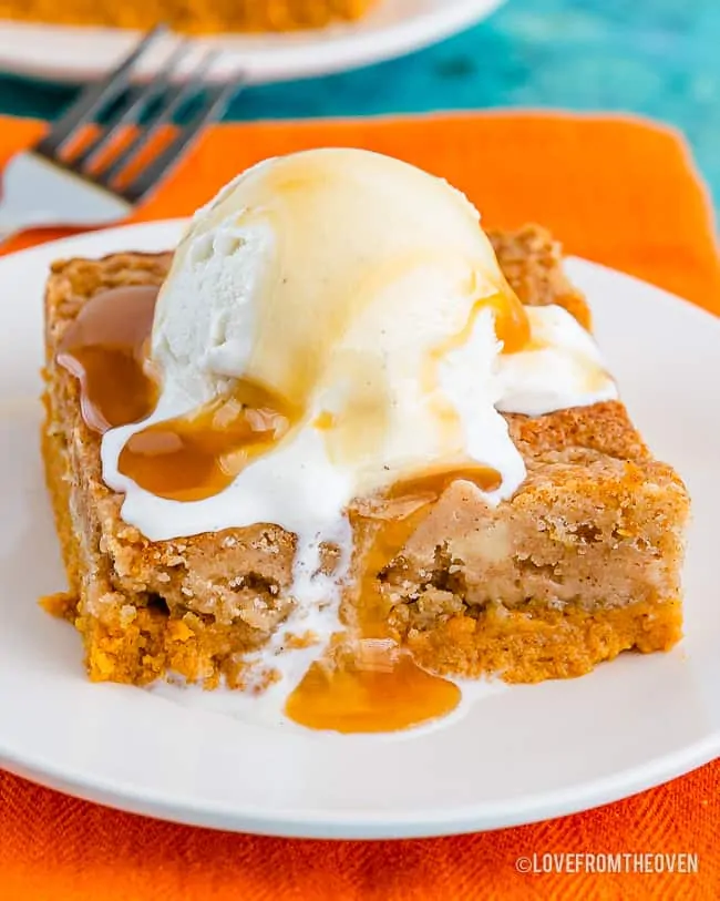 Pumpkin dump cake topped with ice cream on a white plate