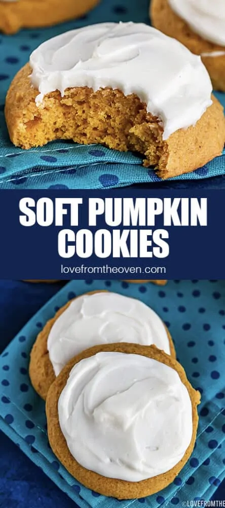 Frosted pumpkin cookies, one with a bite taken out