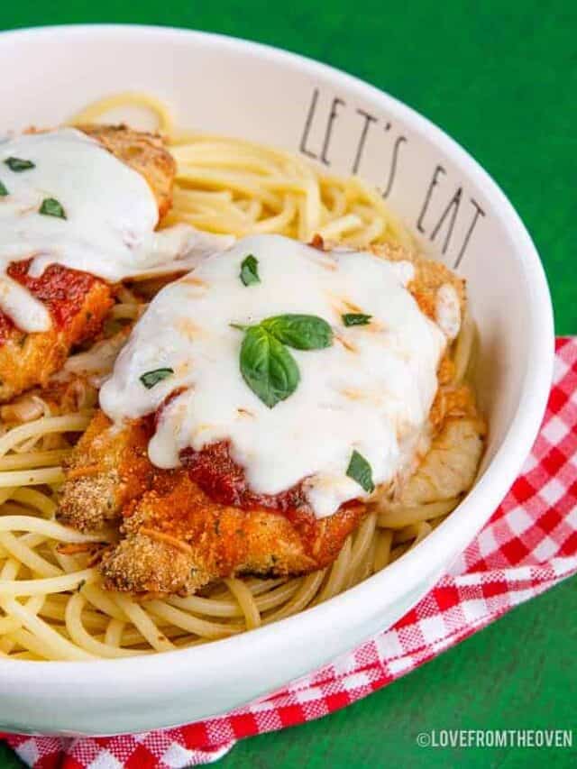 Chicken parmesan in a bowl with pasta