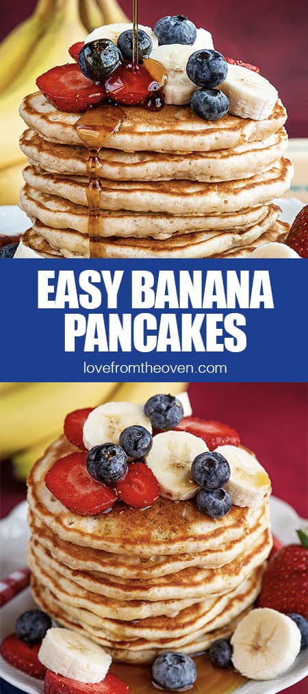 stacks of banana pancakes topped with fruit