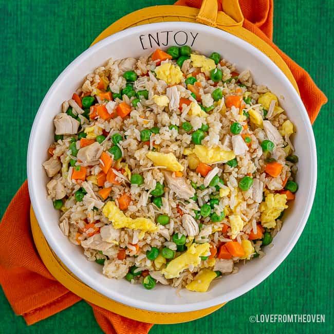 overhead shot of a bowl of fried rice