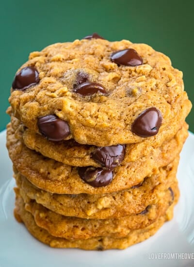 a stack of pumpkin chocolate chip cookies