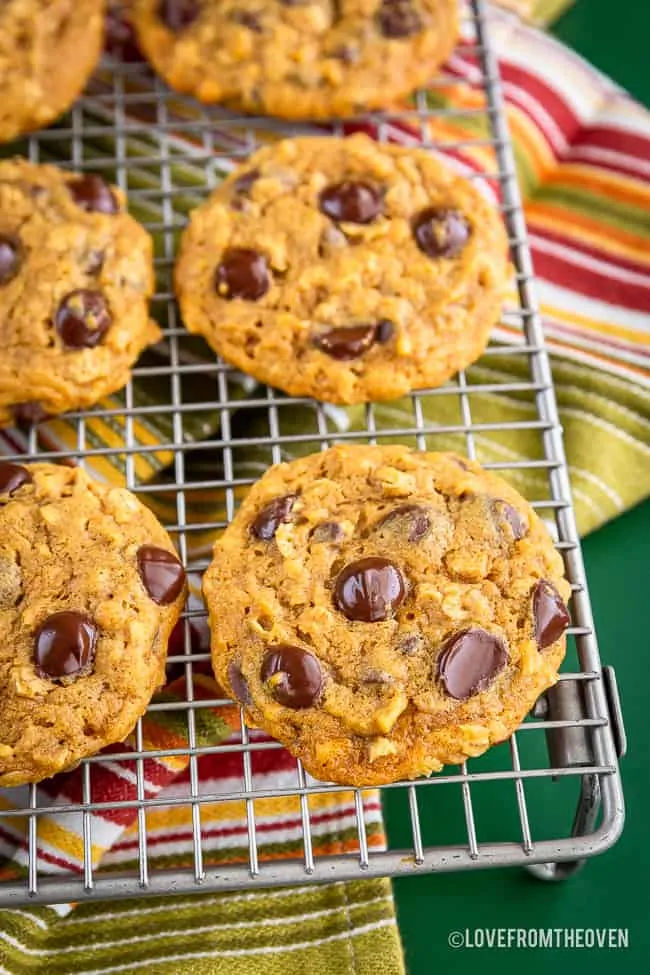 pumpkin chocolate chip cookies on a cooling rack