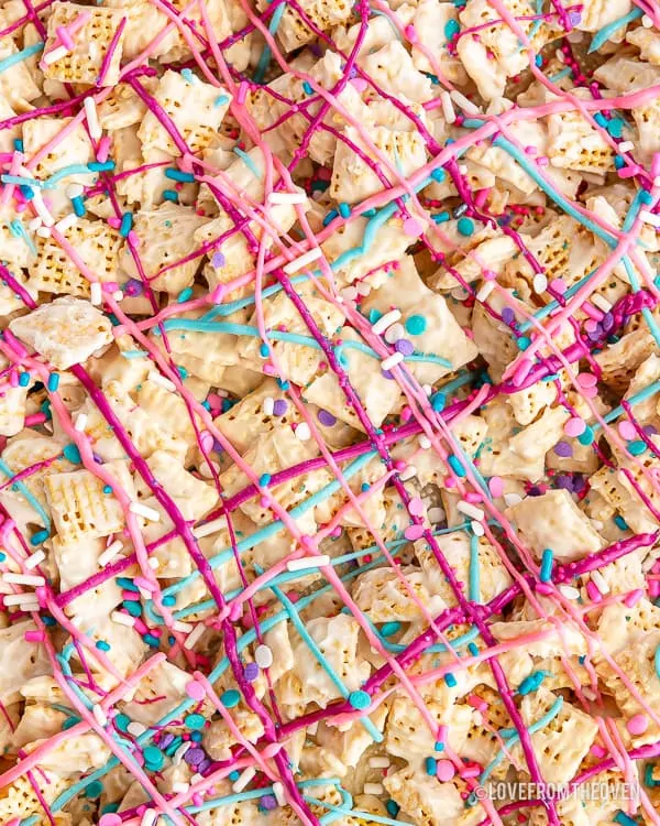 Sheet of unicorn chex mix with sprinkles