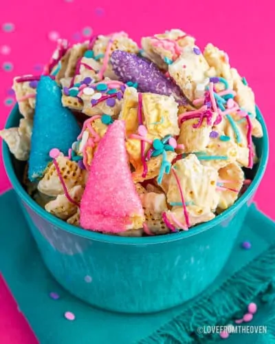 A bowl of colorful chex mix