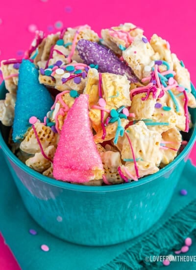 A bowl of colorful chex mix