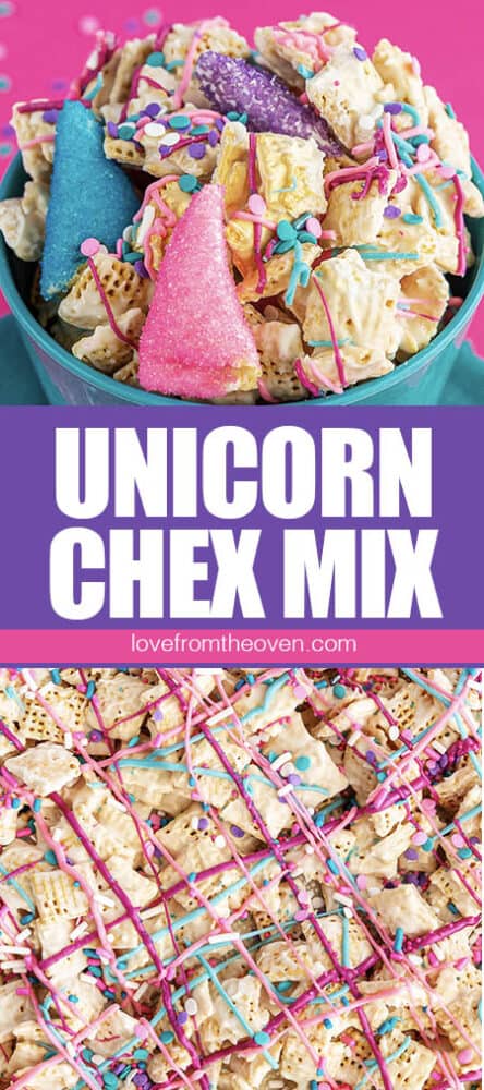 Photos of chex mix with bright colors and sprinkles