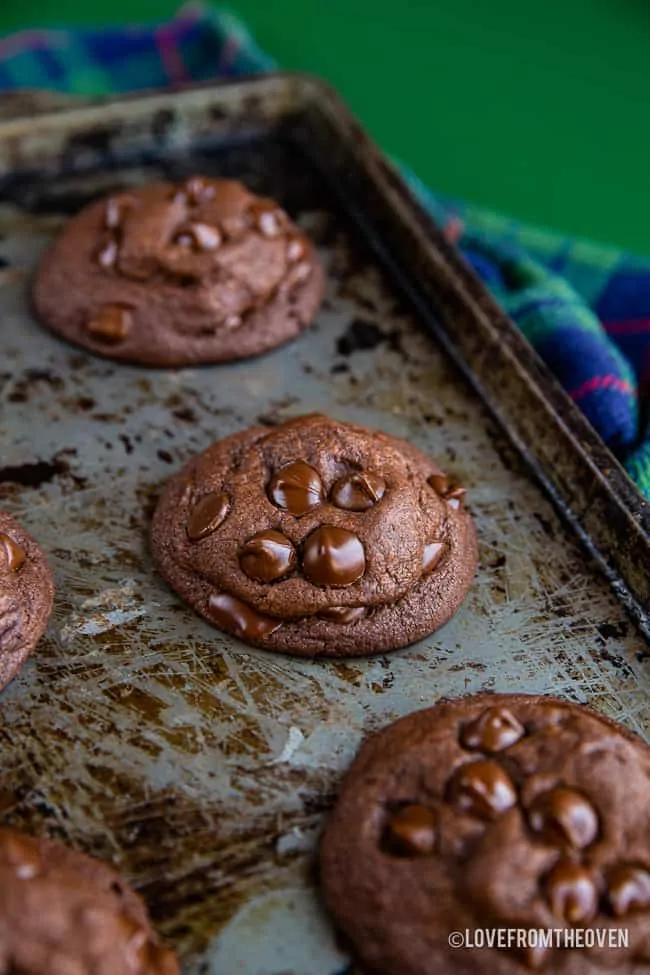 double chocolate chip cookies on a baking sheet