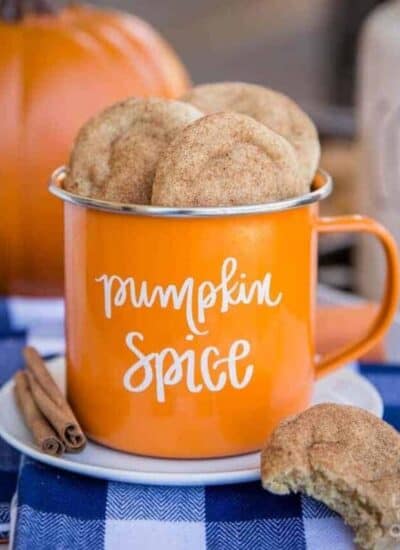 pumpkin snickerdoodles in an orange mug