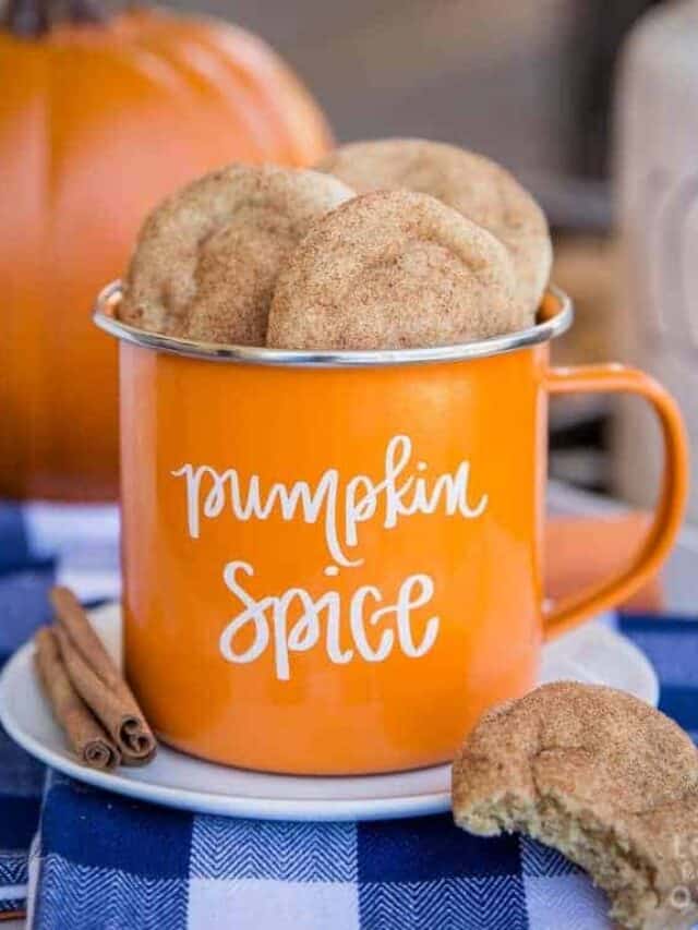 pumpkin snickerdoodles in an orange mug