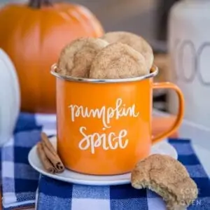 Pumpkin snickerdoodles in a mug that reads pumpkin spice.