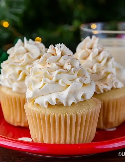 eggnog cupcakes on a red plate