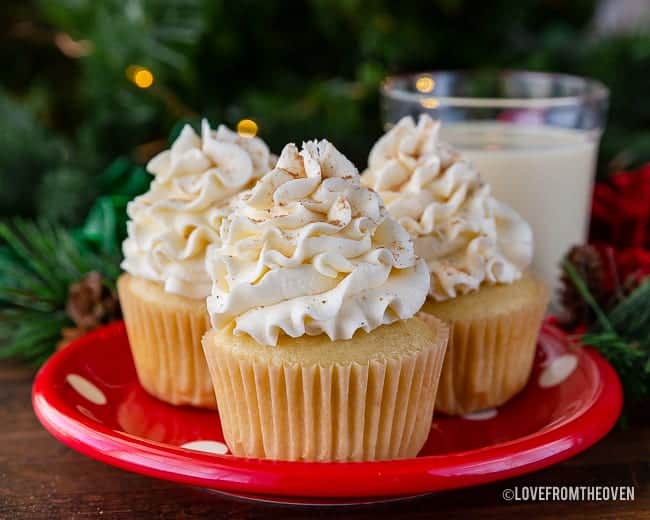 eggnog cupcakes on a red plate