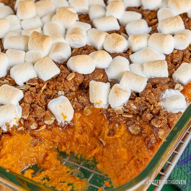 Sweet Potatoes With Marshmallows In A Casserole Dish