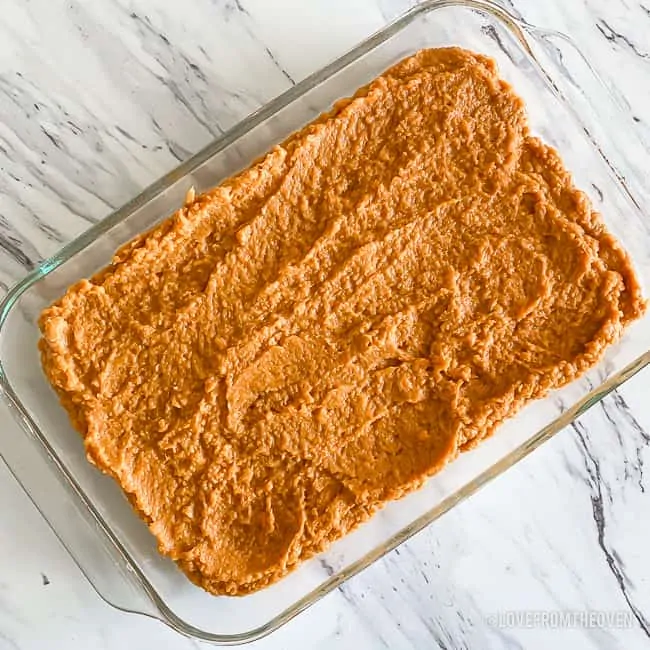 Mashed sweet potatoes in a casserole dish