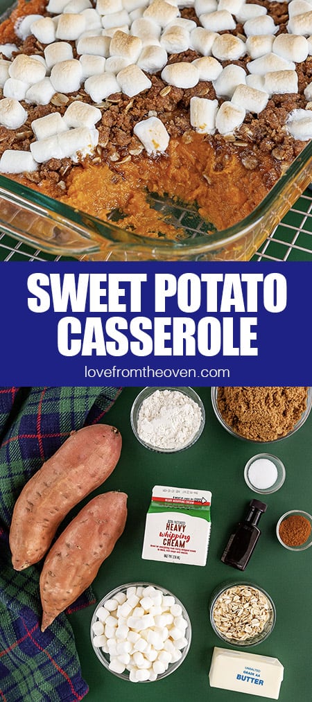 photo of a sweet potato casserole and the ingredients to make it