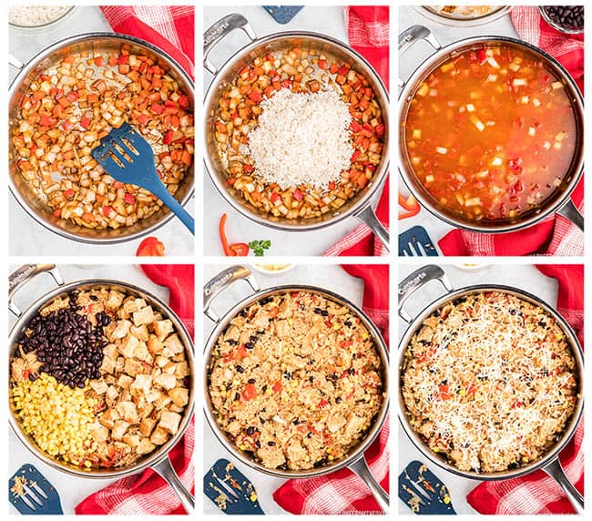 Skillets of ingredients to make southwest chicken and rice