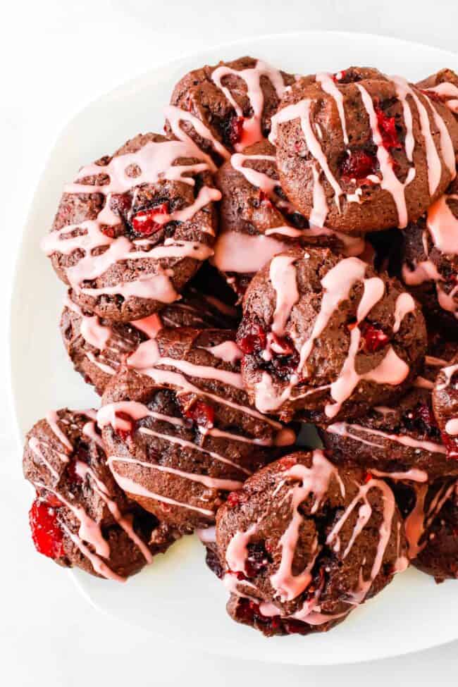 A stack of chocolate cherry cookies