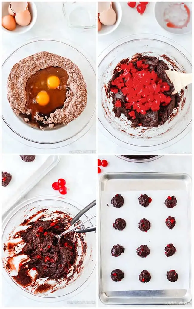 step by step photos showing how to make chocolate cherry cookies