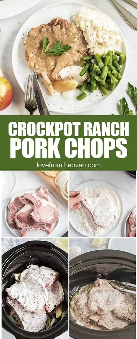Photos of crockpot ranch pork chops being prepared