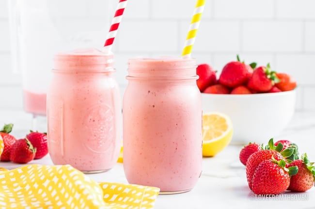 Two frozen strawberry smoothies