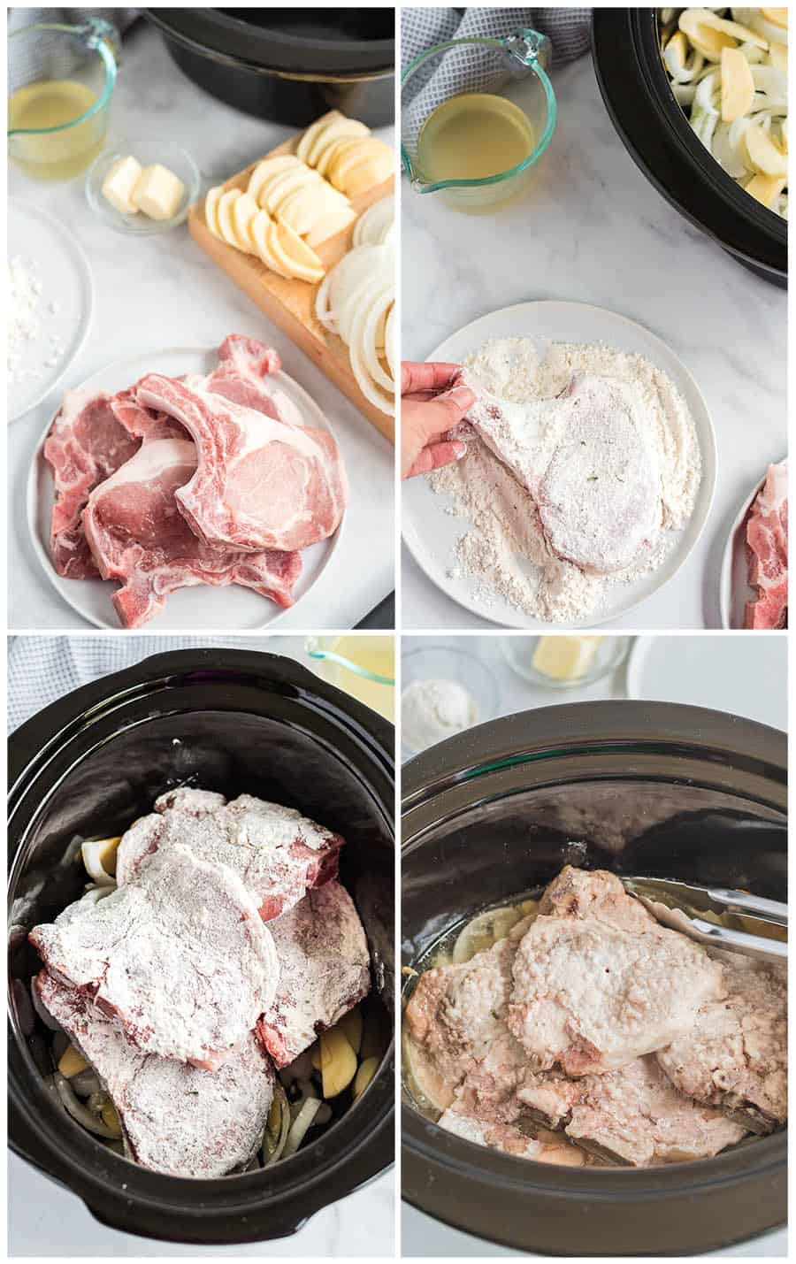 photos of ranch pork chops being prepared in a slow cooker