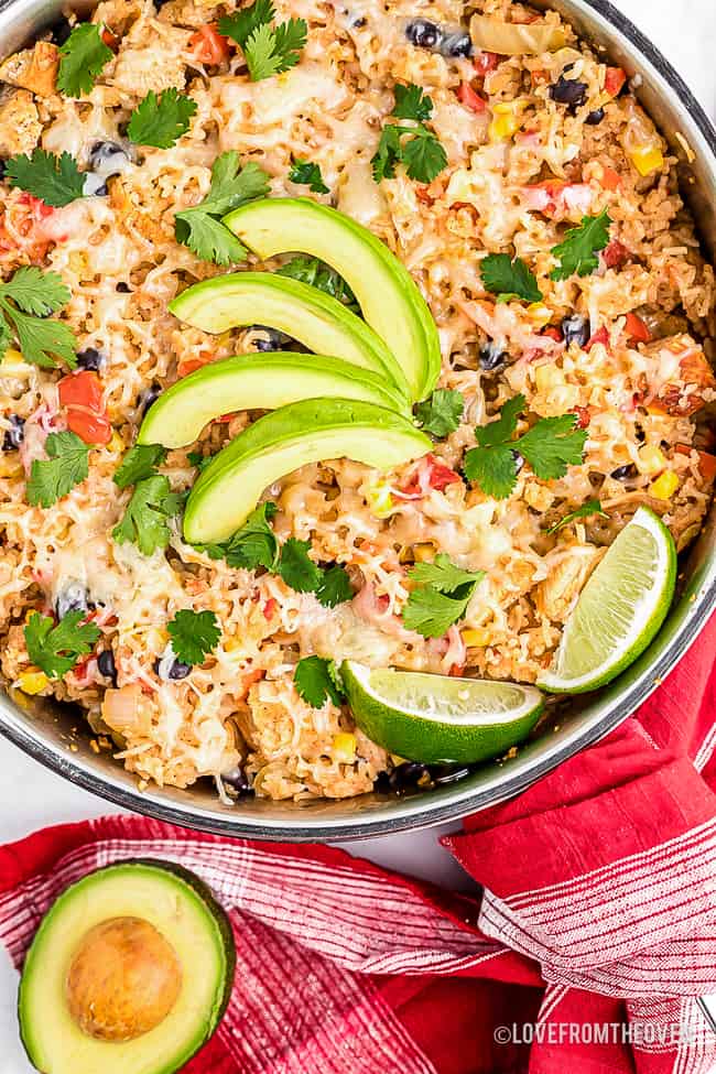 skillet full of chicken and rice