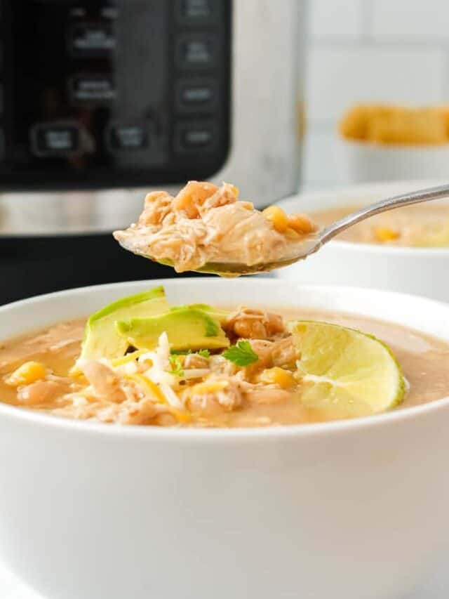 A bowl of white bean chicken chili with a spoonful being held over it