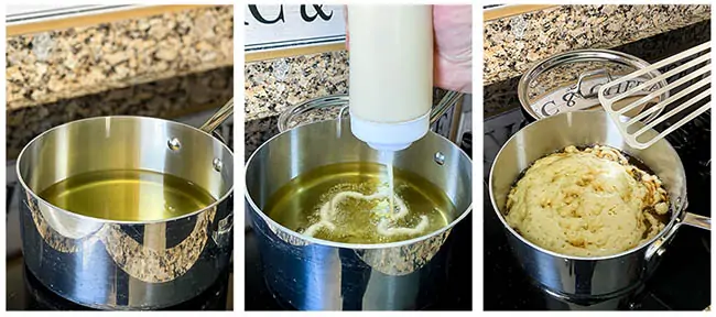 pouring funnel cake batter into oil