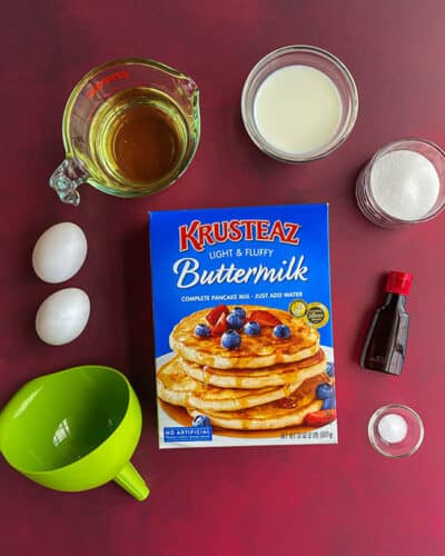 krusteax pancake mix box and ingredients